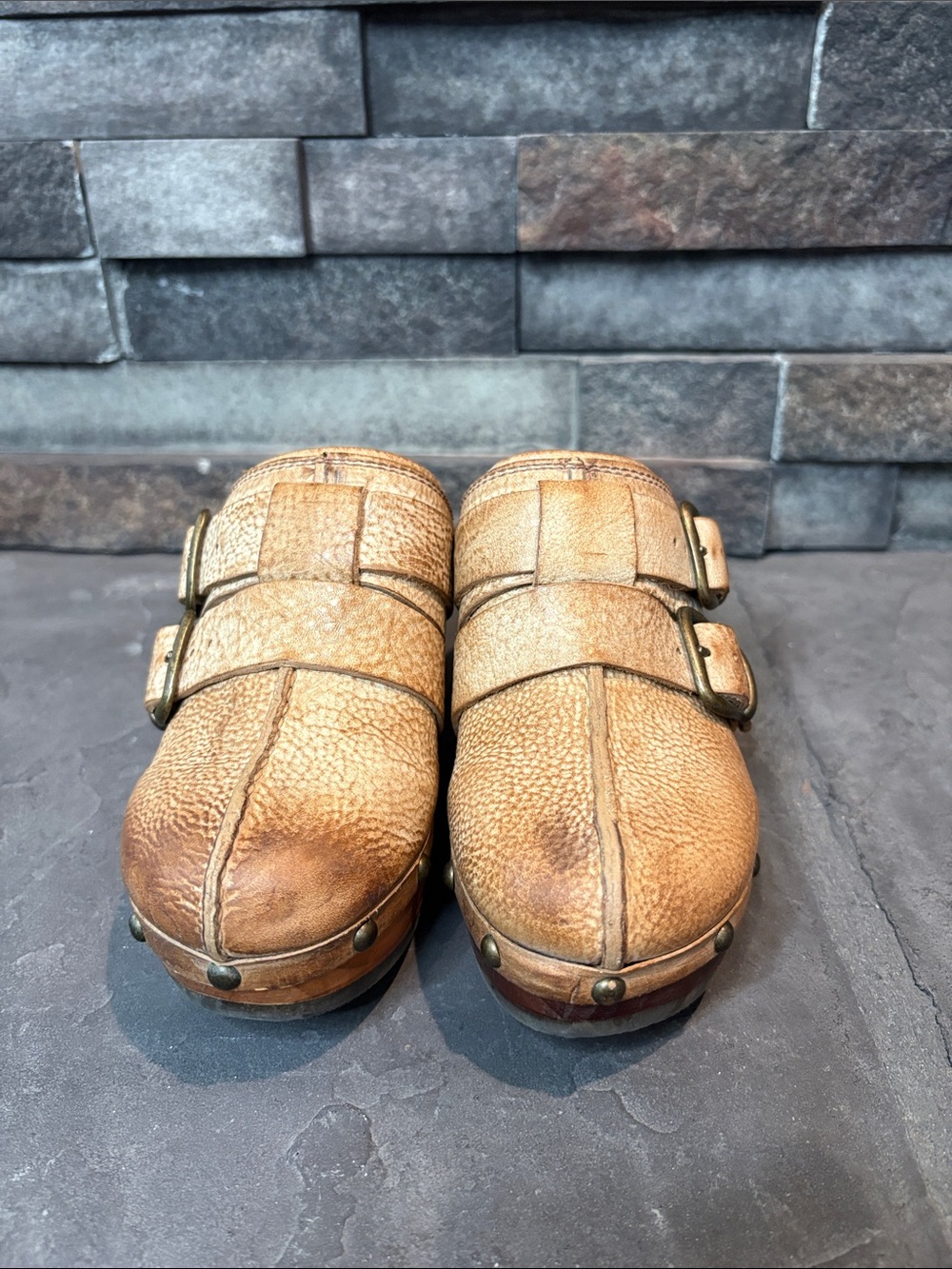 Ariat Tan Distressed Leather Buckle Clog Mules with Wood Sole - Picture 3 of 11